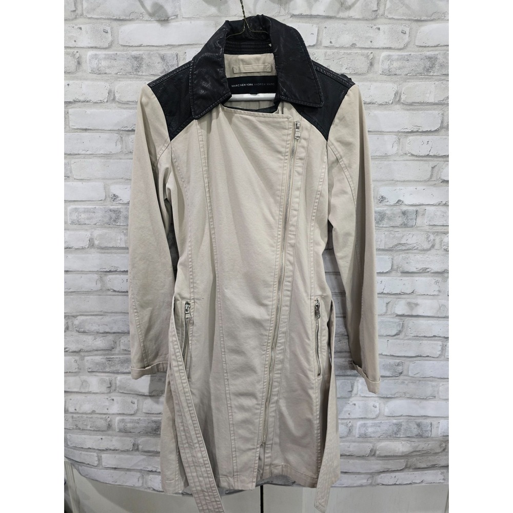 Jones New York Color Block Black Beige Button Belted Trench Coat Size XS